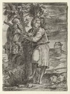 Domenico Campagnola Gallery: Shepherd and Old Warrior, 1517. Creator: Domenico Campagnola (Italian, 1500-1564)