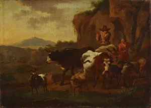 Flute Player Prints: A shepherd playing the flute and cattle, c1640-1680. Creator: Nicolaes Berchem