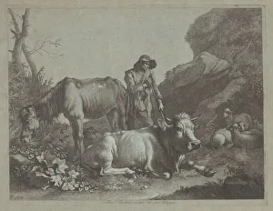 Francesco Londonio Prints: Shepherd Resting on a Walking Stick with an Old Horse and a Reclining Bull, after 1767