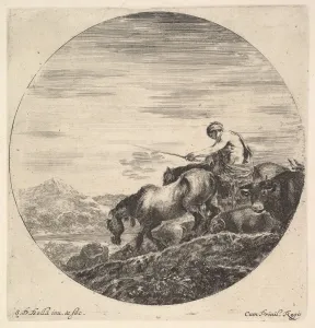 Della Bella Prints: A shepherd at right, facing left, driving a group of animals downhill, a round comp