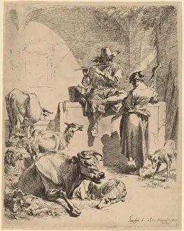 The Shepherd Seated on a Fountain and the Spinner, 1652. Creator: Nicolaes Berchem The Shepherd Seated on a Fountain and the Spinner, 1652. Creator: Nicolaes Berchem