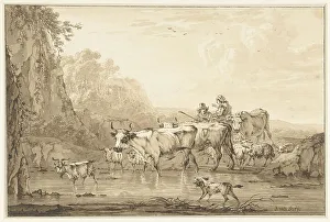 Watering Hole Prints: Shepherd and Shepherdess with cattle and sheep at a pool