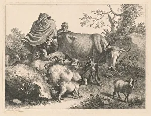 Francesco Londonio Prints: Shepherd Wearing a Cape Driving a Flock, after 1776. Creator: Francesco Londonio