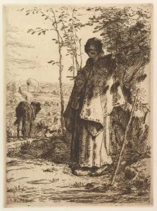 Cottage Industry Prints: Shepherdess Knitting, 1862. Creator: Jean Francois Millet