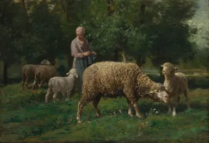 Charlesemile Jacque French Prints: Shepherdess with Sheep, c. 1876. Creator: Charles-Emile Jacque (French, 1813-1894)