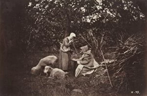 Albumen Print From Wet Collodion Negative Collection: Two Shepherdesses Resting with Two Sheep, late 1870 s. Creator: Auguste Giraudons Artist (French)