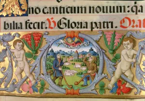 Shepherding scene with the castle at background, border of the rich Missal of Cardinal Shepherding scene with the castle at background, border of the rich Missal of Cardinal