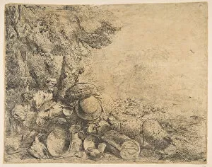 Castiglione Gallery: Two shepherds, a donkey and other animals in a landscape, ca. 1638-1640