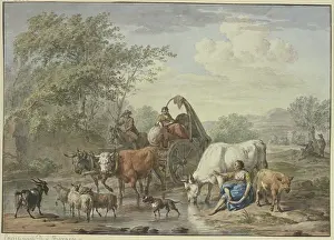 Waters Edge Prints: Shepherds drive a cart through the water
