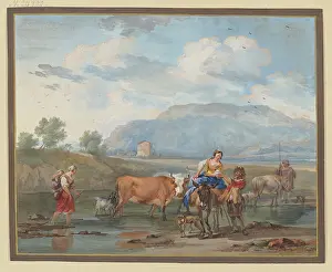 Shepherds drive cows through water, a woman carries her child on her back on...18th cent. Creator: Aert Schouman