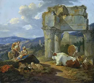 Overgrown Prints: Shepherd's Family at the Ruins of the Temple of Vespasian
