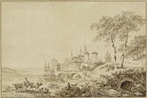 Leprince Jean Prints: Shepherds in a Landscape before a Fortified Town, 1777. Creator: Jean Baptiste Le Prince