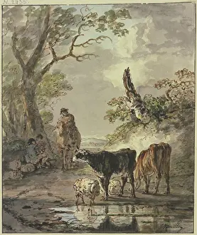 Shepherds resting at a watering place, 18th century. Creator: Jacob van Strij