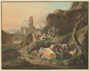 Wove Paper Prints: Shepherds on rocks, a shepherdess lies in front of a donkey