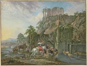 Fountain Prints: Shepherds at a Roman fountain, 18th century; 17th century. Creator: Friedrich Rauscher