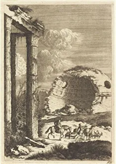 Rotunda Prints: Shepherds Traveling past a Ruined Rotunda, c. 1650. Creator: Bernhard Zaech