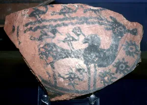 A sherd of pottery with humped bull and birds, Indus Valley, Harappa, c2600 BC