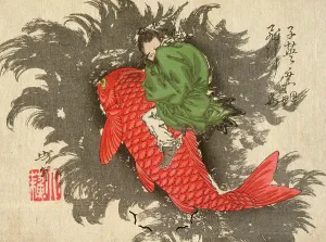 Carp Prints: Shiei Riding a Carp over the Sea, 1882. Creator: Tsukioka Yoshitoshi