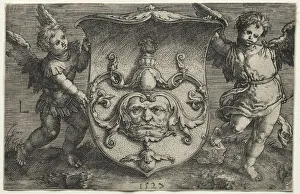 Lucas Van Leyden Dutch Prints: A Shield Bearing a Mask Supported by Two Genii