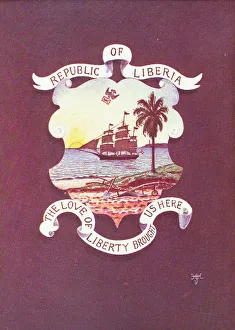 Tall Ship Prints: The Shield, Emblems, and Motto of Liberia as established in 1847, 1906. Creator: Unknown