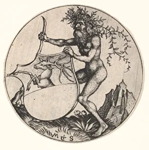 Hairy Prints: Shield with Stag Held by Wild Man, ca. 1435-1491. Creator: Martin Schongauer