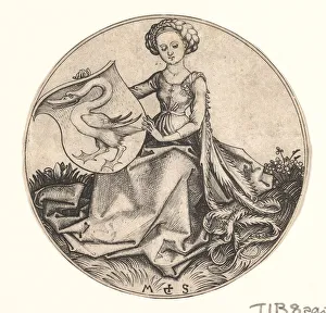 Schongauer Martin Prints: Shield with Swan Held by Woman, ca. 1435-1491. Creator: Martin Schongauer