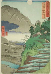 Shinano Province: The Moon Reflected in the Sarashina Rice Fields near Mount Kyodai (Shina... 1853. Creator: Ando Hiroshige)
