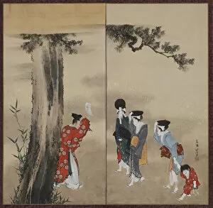 Folding Screen Gallery: A Shinto Priest, Three Women and a Child, Edo period, ca. 1799-1801. Creator: Hokusai
