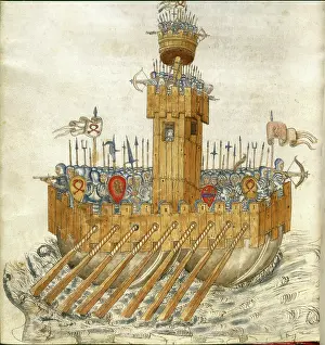 Turret Prints: Ship with armed soldiers, 15th century. Creator: Unknown