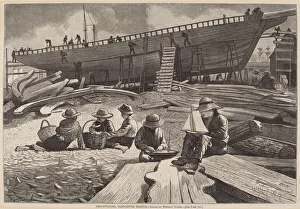 Toy Boat Prints: Ship-Building, Gloucester Harbor, published 1873. Creator: Winslow Homer
