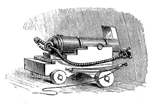Ordnance Prints: Ship cannon on gun carriage, Wood engraving, 1884