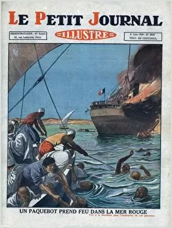 A ship catches fire in the Red Sea, 1930. Creator: Unknown