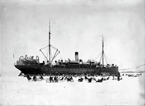 Russian Federation Prints: A ship in the ice of Avacha Bay; On the ice there are dog sleds to unload the ship
