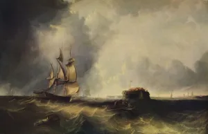 Calais Gallery: A ship, and men in a rowing boat off Calais, c1830, (1938)