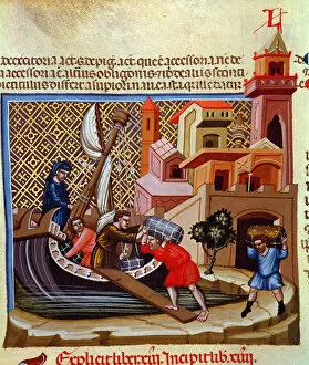 Bologna Gallery: Shipment of goods on a boat, Miniature in Codex Justinian Institutiones Feodorum et Alia