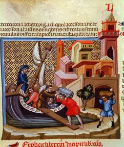 Latin Prints: Shipment of goods on a boat, Miniature in Codex Justinian Institutiones Feodorum et Alia