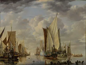 Rigging Prints: Shipping in a Calm at Flushing with a States General Yacht Firing a Salute