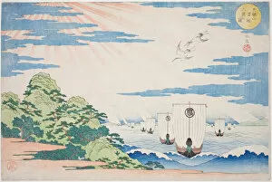 Color Woodblock Print Gallery: Ships Entering Tenpozan Harbor (Tenpozan mansen nyushin no zu), from the series 'Famous... c. 1834