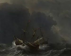 Surge Gallery: Three Ships in a Gale, 1673. Artist: Velde, Willem van de, the Younger (1633-1707)