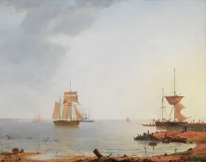 Zealand Denmark Prints: Ships Off the Coast of Zealand, Morning, 1845. Creator: Emanuel Larsen