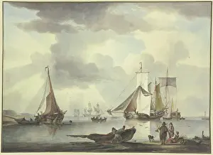 Shore Prints: Many ships, on the right on the beach a woman and two men