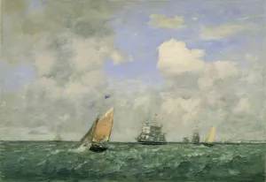 Eugene Boudin Prints: Ships and Sailing Boats Leaving Le Havre, 1887. Creator: Eugene Louis Boudin