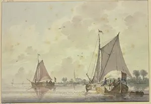 Marine Prints: Two ships sailing on a very wide river