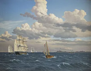 Eckersberg Cw Prints: Ships in the Sound North of Kronborg Castle, Elsinore, 1847. Creator: CW Eckersberg