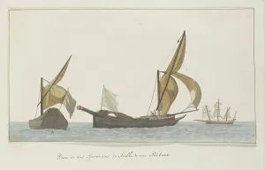 Three ships: Two speronaras from Scilla and one tartane, 1778. Creator: Louis Ducros