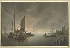 Sailing Barge Prints: Ships in front of a walled city at sunset, 1730-1771. Creator: Jan Matthias Cok