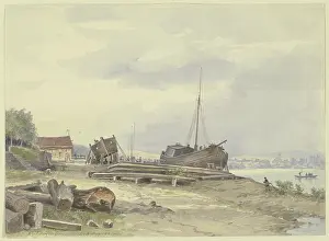 Docks Prints: Shipyard on the Rhine bank near Niederwalluf, c1880-1900. Creator: Ernst Morgenstern