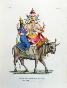 Shiva, one of the gods of the Hindu trinity (trimurti) with his consort Parvati, c19th century. Artist: A Geringer Shiva, one of the gods of the Hindu trinity (trimurti) with his consort Parvati, c19th century. Artist: A Geringer