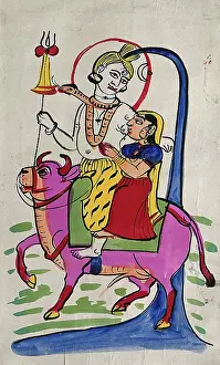 Kalighat Prints: Shiva and Parvati on Nandi bull. Creator: Unknown
