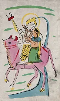 Kalighat Prints: Shiva and Parvati riding on Nandi bull. Creator: Unknown